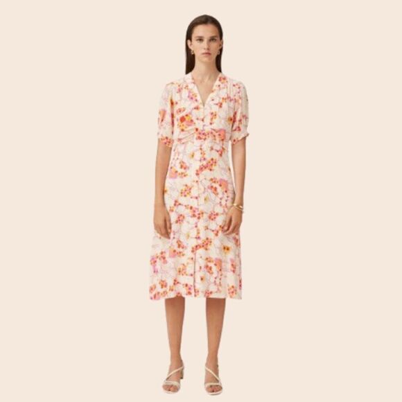 SUNCOO Paris Cream Orange & Pink Floral Clay Midi Dress size T3/ L - Picture 1 of 16